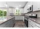 This kitchen features stainless steel appliances, granite countertops, and light gray cabinetry at 1651 Carolina Cir, Gastonia, NC 28054