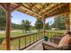 Inviting porch view overlooking a lush pond with a fountain, offering a serene and picturesque setting at 2932 Rant Drum Rd, Maiden, NC 28650