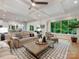 Open-concept living room with coffered ceilings and natural light from large windows at 3394 Rainbow Dr, Waxhaw, NC 28173