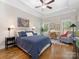 Comfortable main bedroom featuring hardwood floors, a desk area, chair and painting at 3394 Rainbow Dr, Waxhaw, NC 28173