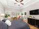 Spacious main bedroom featuring a tray ceiling, ceiling fan, a small desk and dark wood dresser at 3394 Rainbow Dr, Waxhaw, NC 28173