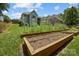 Well-maintained backyard featuring raised garden beds with rich soil, ideal for planting, and a well kept lawn at 3633 Longpond Ln, Monroe, NC 28110