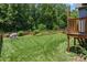 Backyard features a manicured lawn, raised garden beds, a wooden fence, and a charming playhouse at 3633 Longpond Ln, Monroe, NC 28110