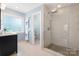 Bright bathroom features walk-in shower with decorative tiles and modern vanity at 4009 Oxford Mill Rd, Waxhaw, NC 28173