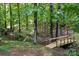 Serene wooded backyard with a charming bridge, swings and lush greenery for a tranquil escape at 10501 Olde Irongate Ln, Mint Hill, NC 28227