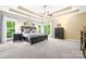 Spacious bedroom with tray ceilings, neutral walls, and two windows offering views of the surrounding trees at 10501 Olde Irongate Ln, Mint Hill, NC 28227