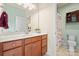 Charming bathroom with a wood vanity, a large mirror, and a shower adorned with playful decorations at 137 Leaning Tower Dr, Mooresville, NC 28117