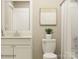 Bright bathroom with a modern vanity, decorative mirror, toilet, and shower with a white curtain at 3887 Horsham St, Indian Land, SC 29707