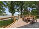 Deck view with table, benches, cable railing, and lake views at 5075 Lakeview Cir, Sherrills Ford, NC 28673