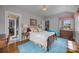 Charming bedroom features hardwood floors, a bright blue rug, and a vintage-style bed at 603 S Fulton St, Salisbury, NC 28144