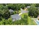 Aerial view of a neighborhood with lush trees, well-manicured lawns, and houses with ample yard space on a sunny day at 6908 Beamish Pl, Mint Hill, NC 28227
