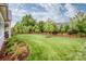 Spacious backyard with lush green grass, manicured landscaping, and a black metal fence at 13708 Huntson Park Ln, Huntersville, NC 28078