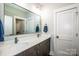 Bathroom features a double sink vanity, an extended mirror, and a view of the shower at 13708 Huntson Park Ln, Huntersville, NC 28078