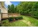 Inviting backyard with a wooden deck and lush greenery, perfect for outdoor entertaining at 1653 Shetland Ln, Rock Hill, SC 29730