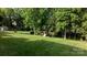 Expansive backyard featuring lush green lawn, mature trees, and a charming wooden playset at 179 Browning Dr, Taylorsville, NC 28681