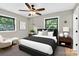 Staged bedroom features wood-look floors, neutral walls and ceiling fan, decorated with a modern bed at 2323 Brookwood Rd, Lincolnton, NC 28092