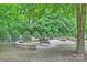 Landscaped backyard features a stone patio with outdoor furniture and a cozy fire pit at 3014 Castleberry Ct, Charlotte, NC 28209