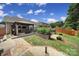 Expansive backyard featuring a covered patio, outdoor kitchen, garden beds, and well-maintained lawn at 5424 Tilley Manor Dr, Matthews, NC 28105