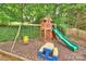 Backyard featuring a playground set with swings, slide and picnic table in a shady, wooded area at 14203 Queens Carriage Pl, Charlotte, NC 28278