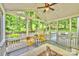 Relaxing screened porch with comfortable seating and views of the private, wooded backyard at 14203 Queens Carriage Pl, Charlotte, NC 28278