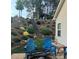 A backyard area featuring a patio with fire pit, blue chairs, stairs and a backyard view at 15250 Windward Ln, Lancaster, SC 29720