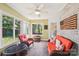 Cozy sunroom with brick accent wall, comfortable seating, and ample natural light at 207 Spaniel Se Dr, Concord, NC 28025