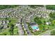 A panoramic aerial view of the neighborhood showcases the layout and community pool at 2527 Linhay Dr, Charlotte, NC 28216