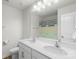 Bright bathroom showcasing a double sink vanity, large mirror, and decorative shower curtain at 2527 Linhay Dr, Charlotte, NC 28216