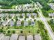 Beautiful aerial view showcases a neighborhood with mature trees, community pool, and well-kept lawns at 417 Livingston Dr, Lancaster, SC 29720