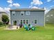 Expansive backyard with patio, outdoor seating, lush green grass, and a blue-sided home at 417 Livingston Dr, Lancaster, SC 29720