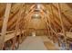 Unfinished attic space with wooden beams, plywood walls and flooring, potential for extra storage or conversion at 8044 Hawk Crest Ct, Charlotte, NC 28270