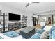 Cozy living room featuring a large tv and comfortable blue sofa and open to the kitchen at 1723 Town Oak Ln, Charlotte, NC 28205