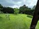 View of the lush, green backyard from the porch with privacy trees and shrubbery at 6229 Mountain Grove Rd, Hickory, NC 28602