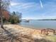 A serene beach with a view of the lake and covered boat dock offers a peaceful waterfront experience at 714 Deerbrook Ln, Tega Cay, SC 29708