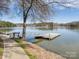 A picturesque wooden dock extends into a calm lake, framed by lush greenery at 714 Deerbrook Ln, Tega Cay, SC 29708