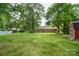 Spacious backyard with mature trees, outbuilding and partial view of the above ground pool at 7518 Surry Ln, Indian Trail, NC 28079