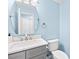 Stylish powder room with a blue accent wall, granite countertops, and oval mirror at 7528 Red Oak Ln, Charlotte, NC 28226