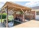Backyard featuring a covered outdoor living area, beautiful pond, and brick exterior at 1613 Spangler Dr, Shelby, NC 28150
