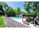 Fenced pool with surrounding lounge furniture and mature trees offering ample privacy and shade at 2024 5Th Street Nw Pl, Hickory, NC 28601