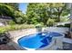 Backyard pool features brick surround, manicured landscaping, seating, and privacy fence at 4200 Tyndale Ave, Charlotte, NC 28210
