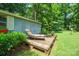 Tranquil shed deck space with comfortable lounging chair, plants, and a serene view of the lush backyard at 116 April Ln, Dallas, NC 28034