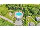 Aerial shot of neighborhood amenity center featuring community pool, playground, and large parking lot at 11618 Macallano Dr, Charlotte, NC 28215
