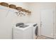Functional laundry room with washer, dryer, shelving, and storage space at 11618 Macallano Dr, Charlotte, NC 28215