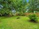 Spacious backyard with lush green grass, mature trees, and well maintained shrubbery at 206 Charlotte St, York, SC 29745