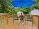 Enjoy outdoor dining on this deck with a table and chairs under a blue umbrella at 206 Charlotte St, York, SC 29745