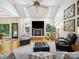 Spacious living room boasts vaulted ceilings, fireplace, and comfortable seating arrangement at 2616 Carmarthen Ct, Matthews, NC 28104