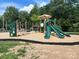 Community playground with green slides, climbing structures, and a soft mulch ground cover at 3008 Cornflower Ln, Indian Trail, NC 28079