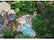 Aerial view of a backyard oasis with a pool, patio, lush landscaping, and manicured lawn at 617 Beauhaven Ln, Waxhaw, NC 28173