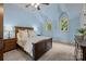 This bedroom features an angled ceiling, light blue walls, and a ceiling fan at 617 Beauhaven Ln, Waxhaw, NC 28173