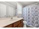 Bathroom featuring vanity with white countertop and a shower with an elephant-themed curtain at 7315 Gasper Ln, Fort Mill, SC 29707